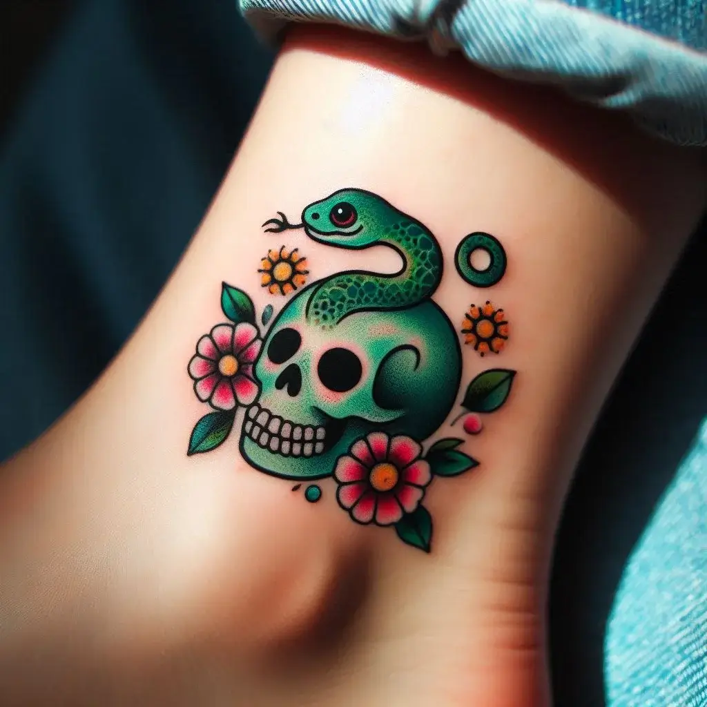 Small Snake and Skull Tattoo