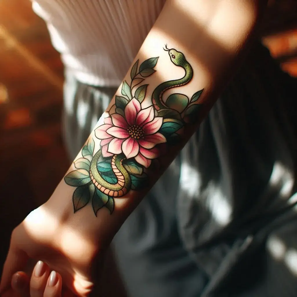 Snake and Flower Tattoo on arm