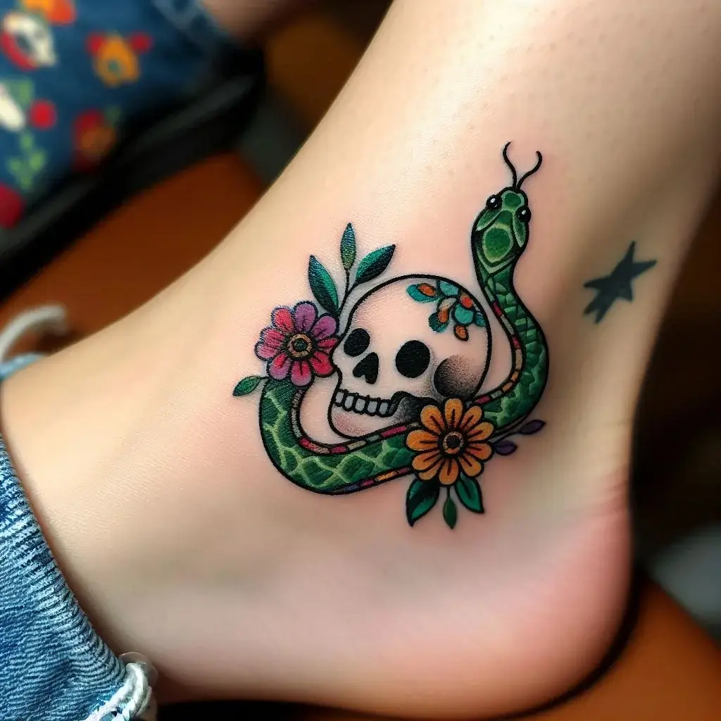 Snake and Skull Tattoo on foot