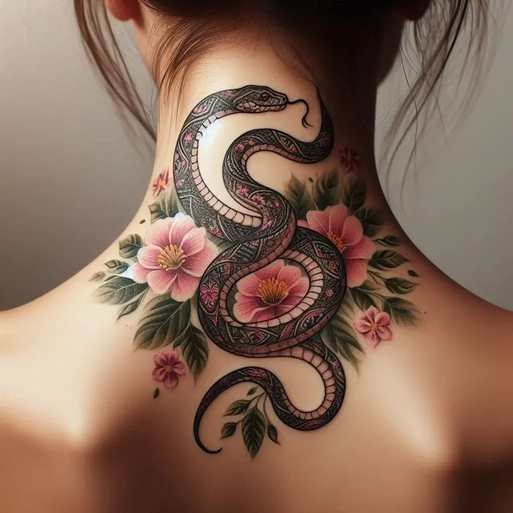 Snake tattoo on back neck