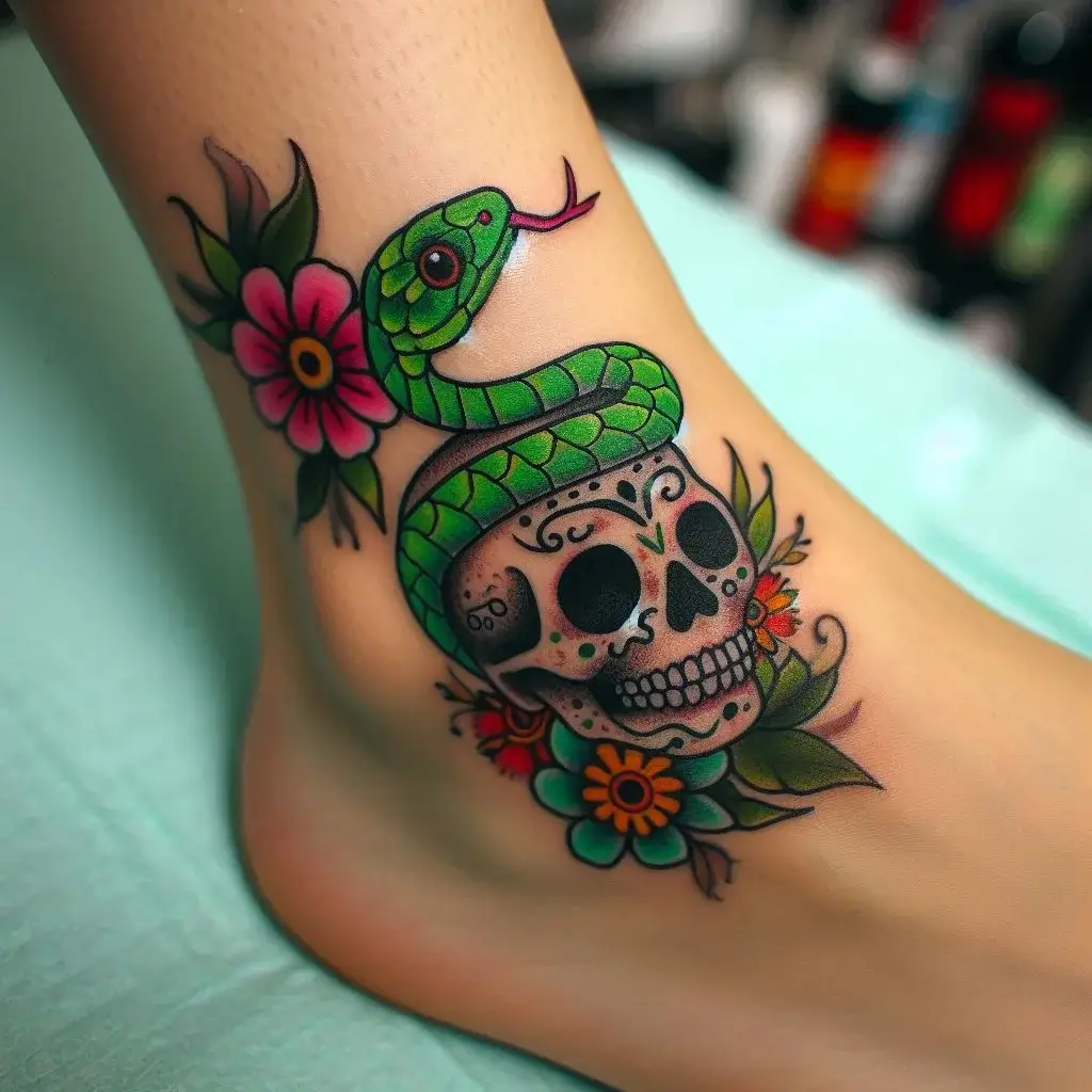 multicolor Snake and Skull Tattoo